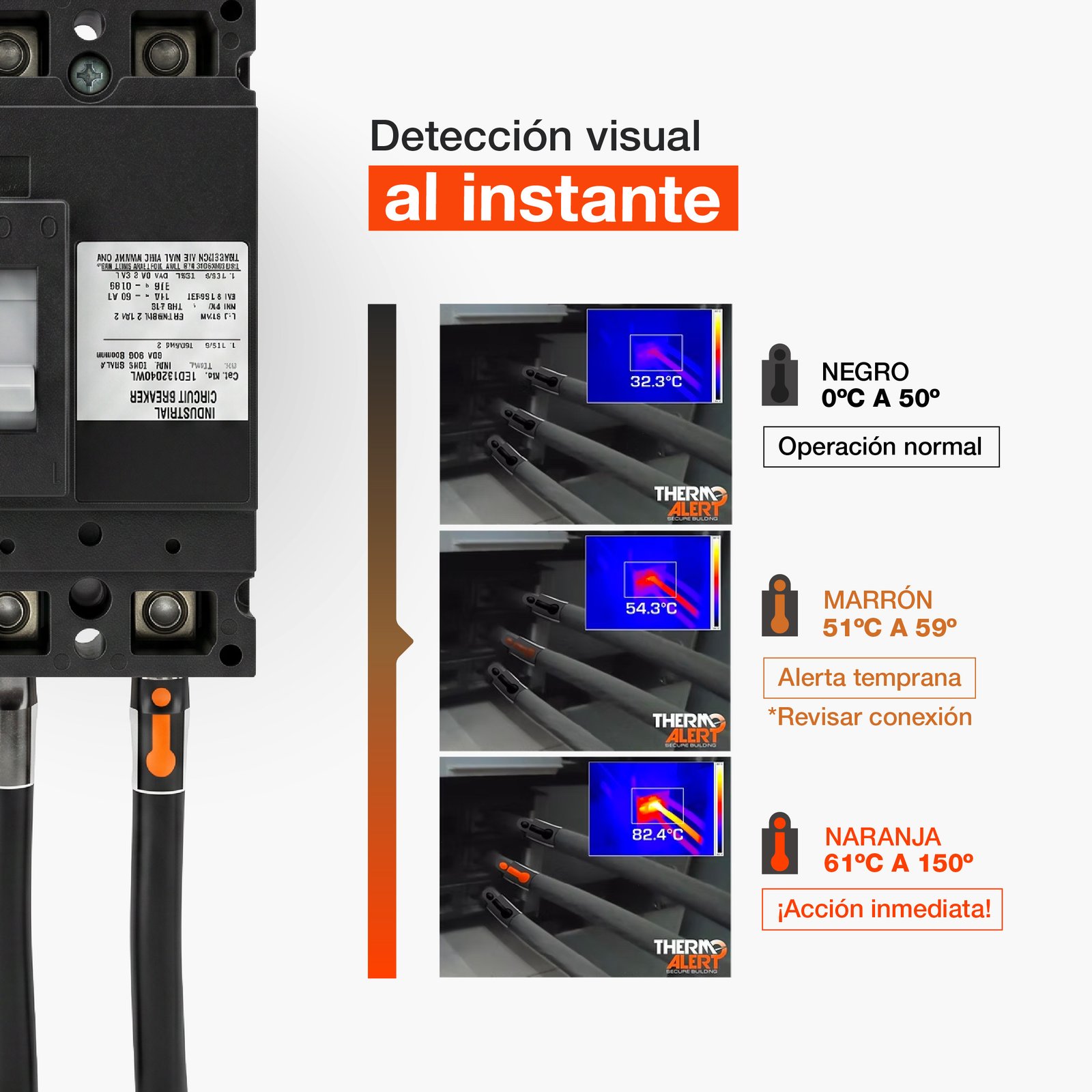 Control térmico a simple vista. Los adhesivos cambian de color negro a marrón y naranja fluorescente si la temperatura sube.