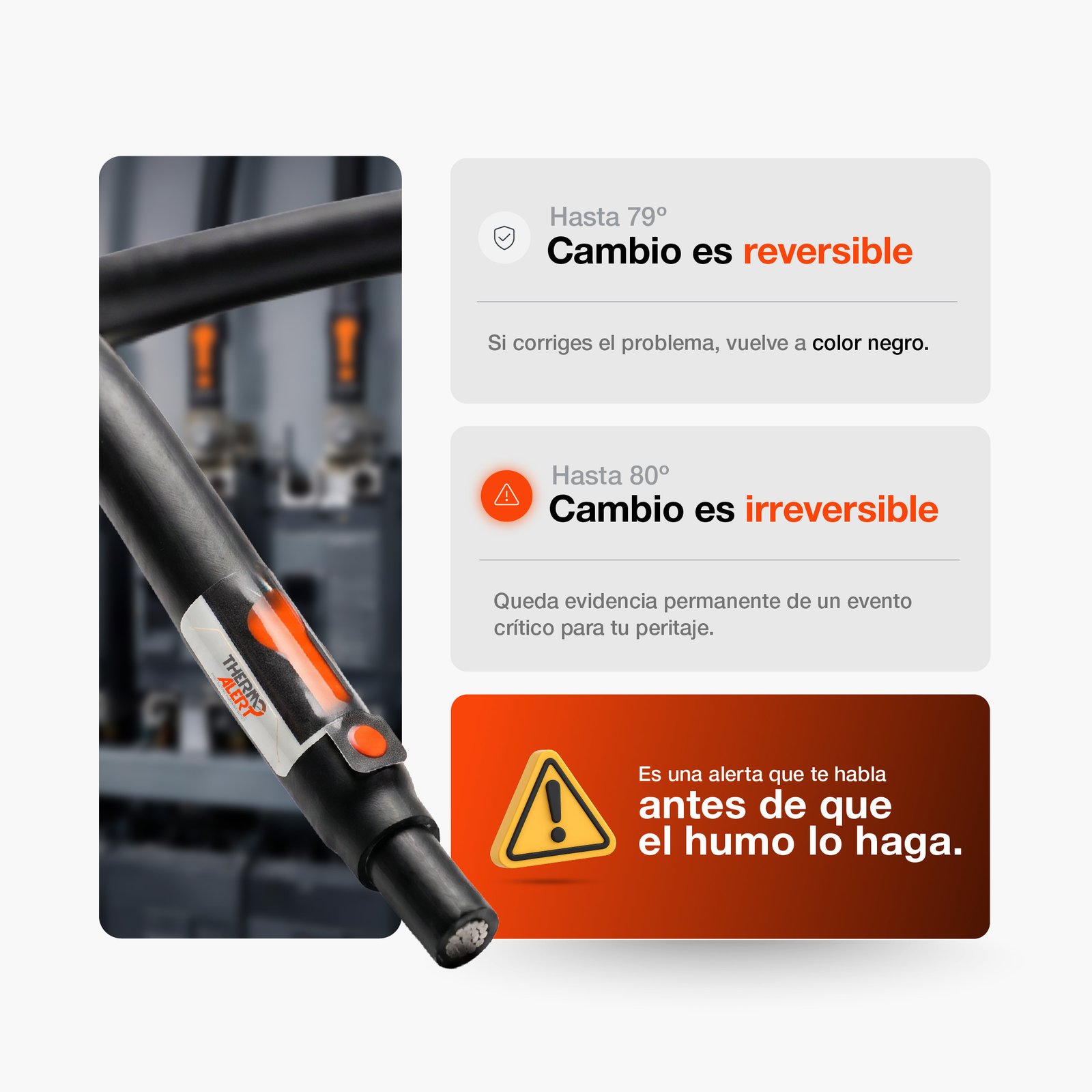 Si la conexión supera los 80°C, el adhesivo cambia a naranja permanente. Aunque el equipo se enfríe, la alerta queda grabada para tu próxima auditoría de mantenimiento.